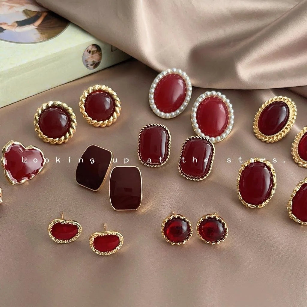 French Vintage Burgundy Geometric Round Copper Drop Earrings With 14K Plated