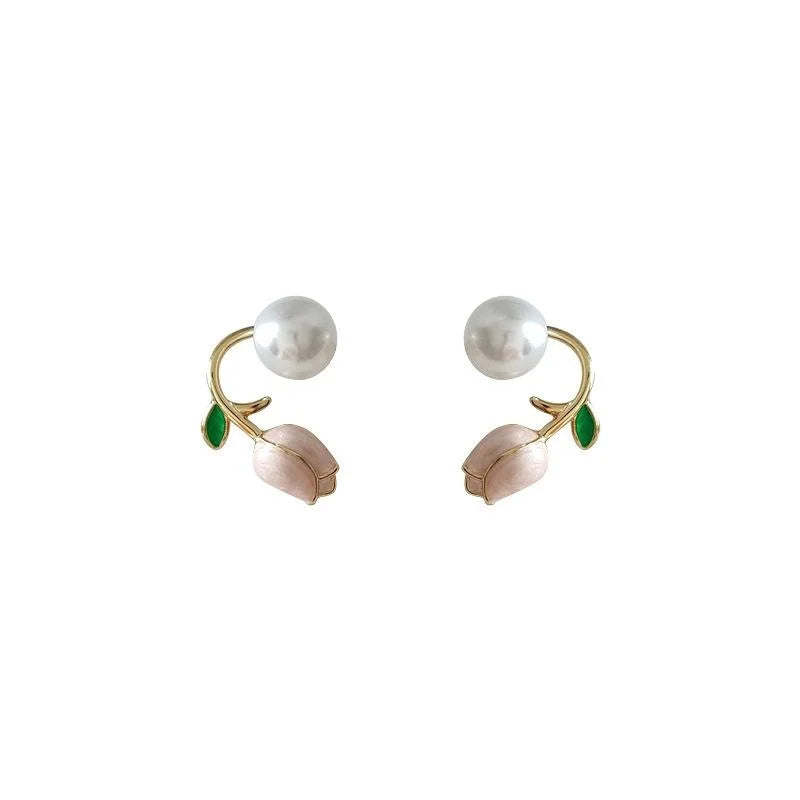 Two Way 14K Plated Copper Tulip Flower Stud Earrings, Elegant Sweet Floral Jewelry