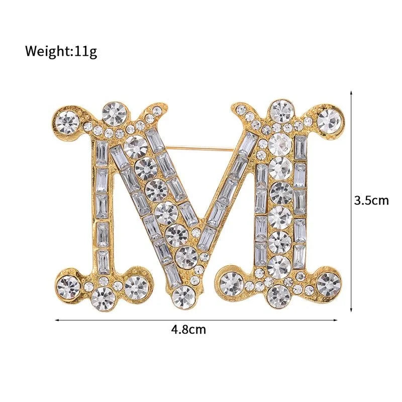 Luxury M Letter Rhinestone Alloy Brooch Elegant Gold Tone Zircon Lapel Pin Corsage For Women Suit Gift