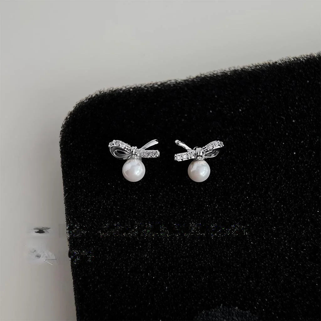 Minimalist Micro Pave Zircon Bow Stud Earrings, Copper Glass Pearl Daily Jewelry