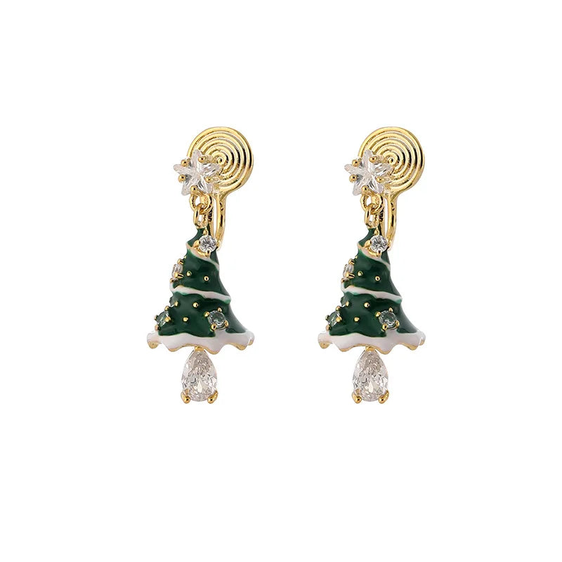 Elegant Green Enamel Christmas Tree Zircon Dangle Stud & Clip On No Piercing Holiday Earrings
