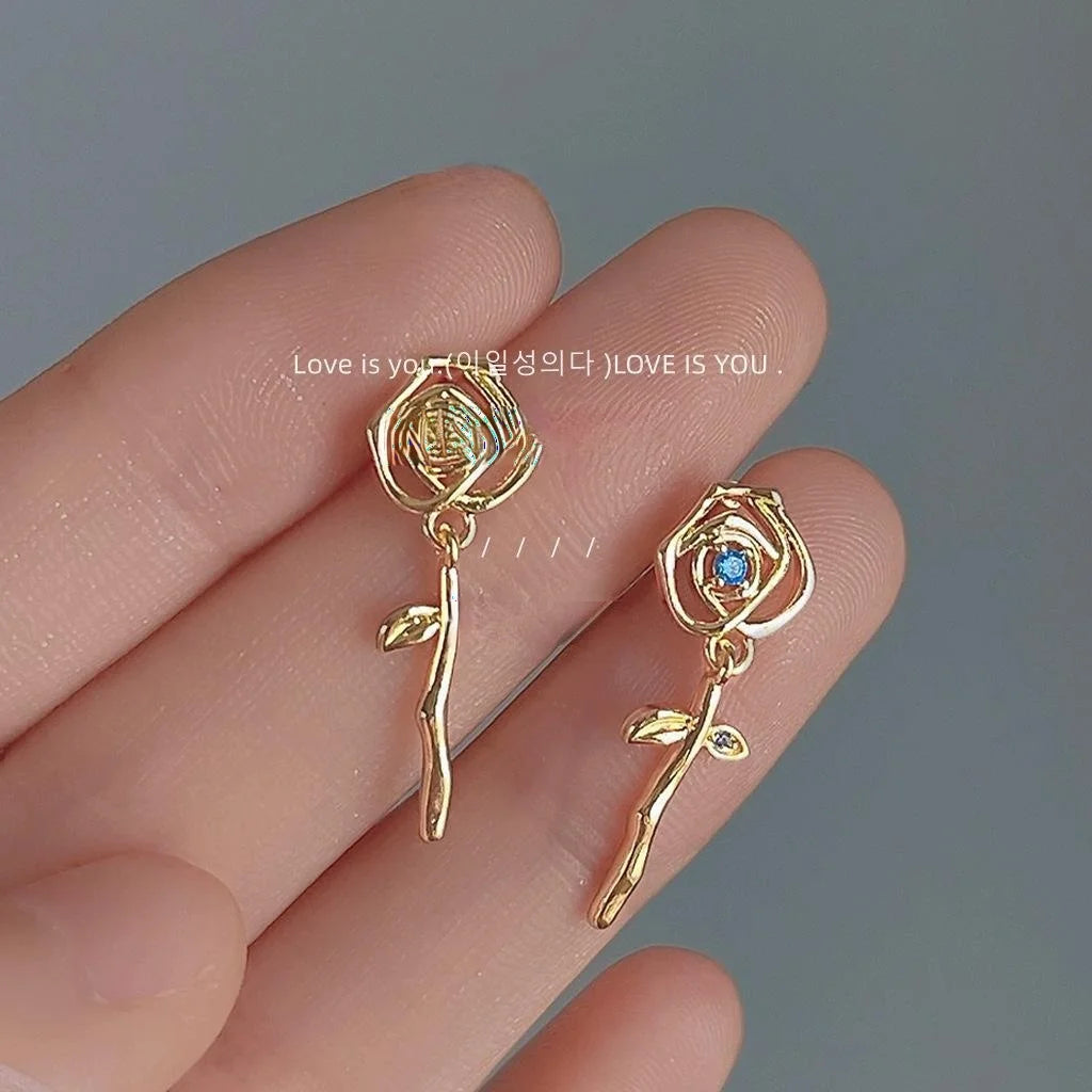 Vintage French Court Hollow Rose Flower Copper Stud Earrings For Women