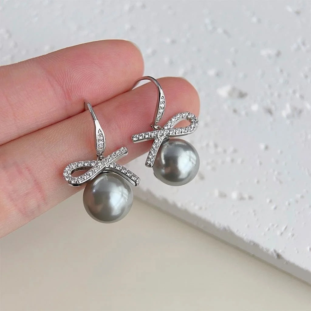 Luxury Gray Glass Pearl Bow Drop Earrings For Women Copper Micro Pave Zircon Minimalist Jewelry