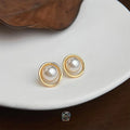 French Round Geometric Pearl Stud Earrings Eco-Friendly Copper Korean Minimalist Jewelry