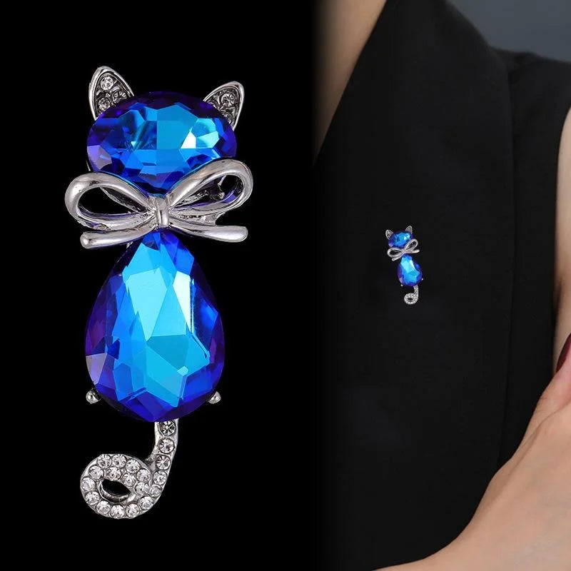 Cute Blue Crystal Cat Brooch With Rhinestone Tail, Elegant Alloy Lapel Pin Corsage Suit Accessory Gift