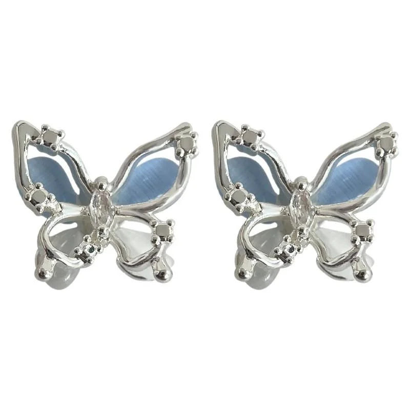 2025 Summer Sweet Cool Blue Glass Cat Eye Zircon Micro Pave 3D Butterfly Stud Earrings