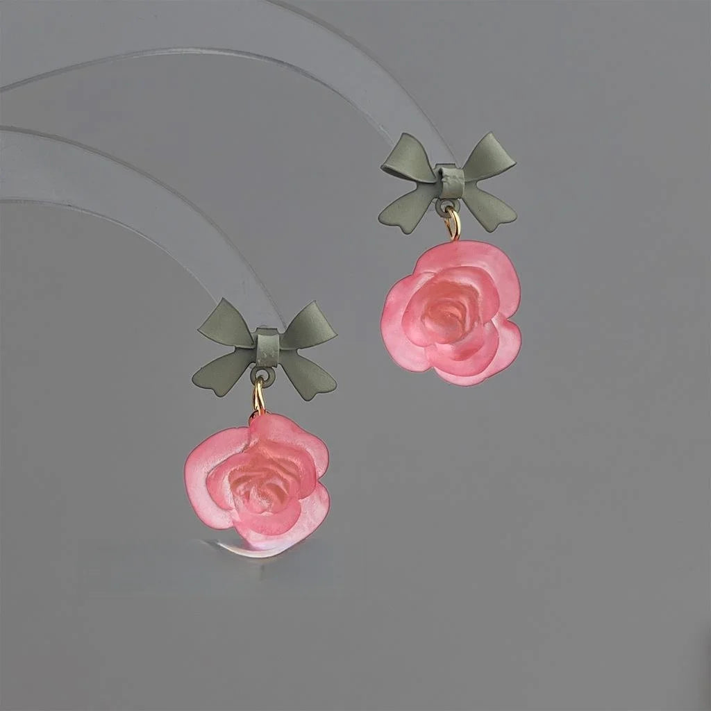 Sweet Frosted Rose Flower Enamel Bow Copper Stud Earrings Handmade Floral Jewelry
