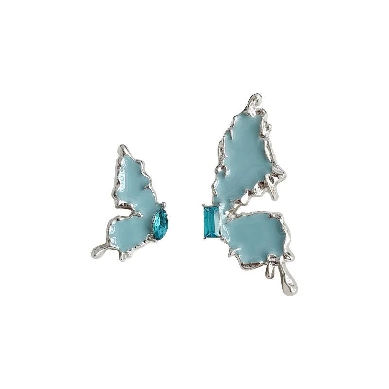Asymmetric Blue Enamel Liquid Butterfly Copper Stud Earrings Sweet Cool Silver Plated Pin Jewelry