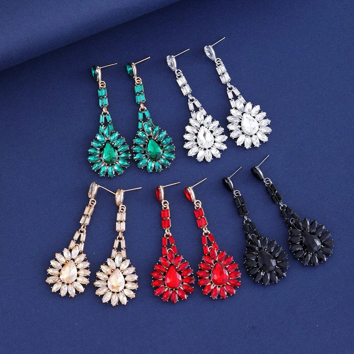 Luxury Red Crystal Rhinestone Flower Chandelier Earrings Alloy Geometric Dangle Earrings For Wedding Party Gift