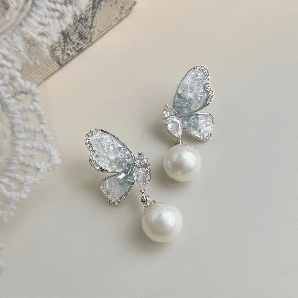 Silver Plated Copper Gradient Blue Butterfly Drop Earrings With Zircon Glass Crystal Pearl