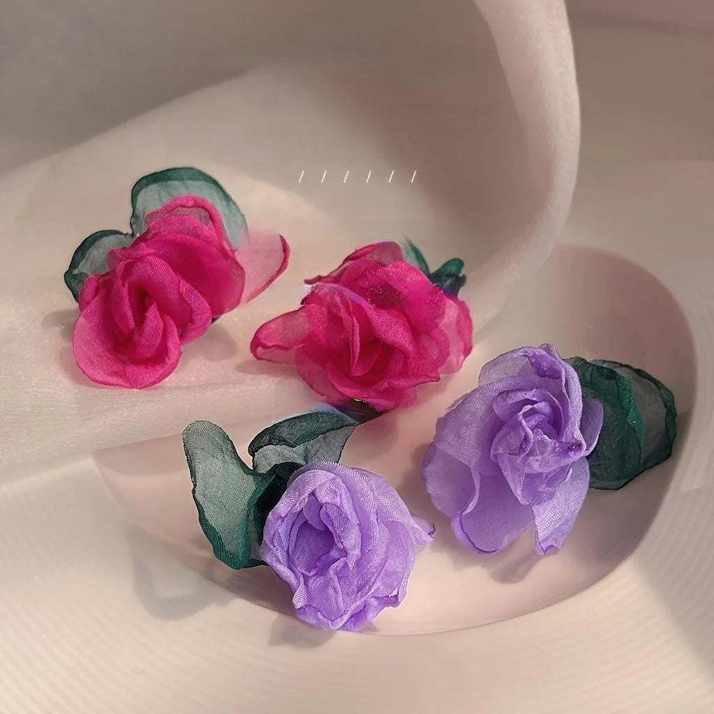 Forest Fairy Fabric Mesh Rose Flower Stud Earrings Silver Plated Pin Sweet Statement Jewelry