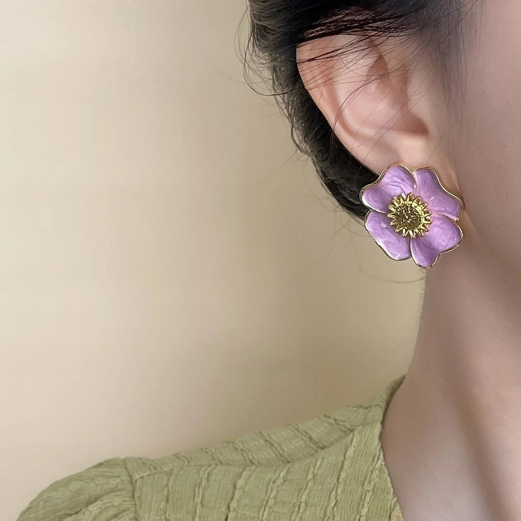 Vintage French Floral Alloy Stud Earrings Pink Purple Enamel Daisy Statement Jewelry