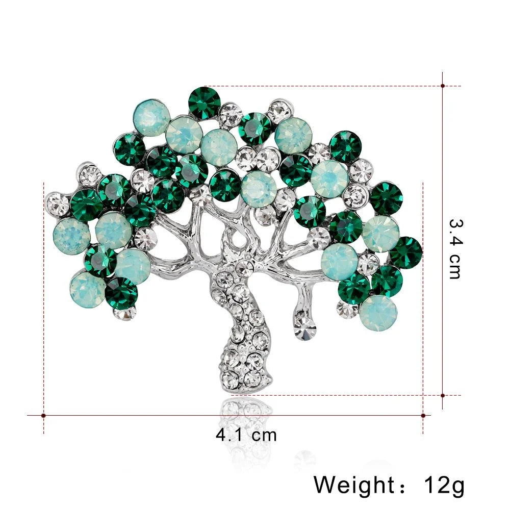 Elegant Alloy Crystal Rhinestone Tree Brooch With Green Cat Eye Stones, Women's Lapel Pin Suit Accessory