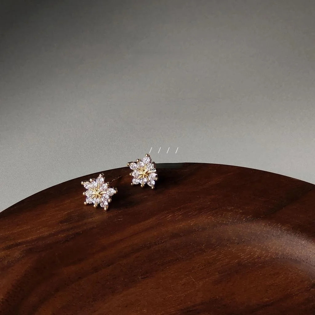 Sweet Snowflake Zircon Stud Earrings 14K Plated Copper Women Jewelry