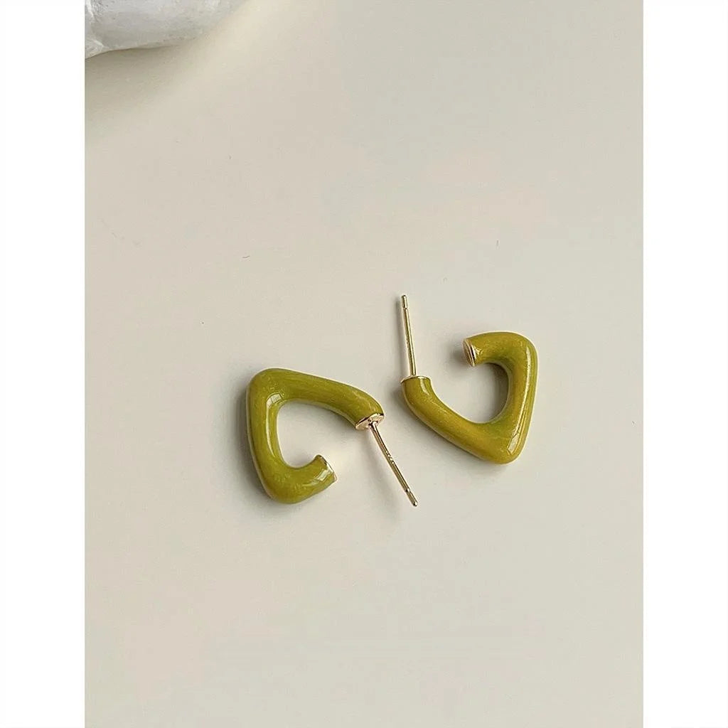 Avocado Green Geometric Triangle Copper Stud Earrings Minimalist Hollow Enamel Line Jewelry