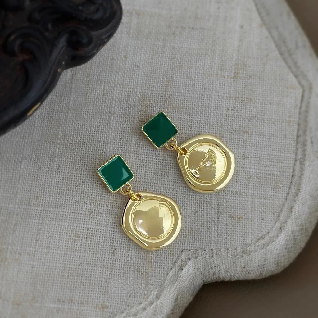 French Style 14K Plated Copper Green Enamel Geometric Drop Earrings