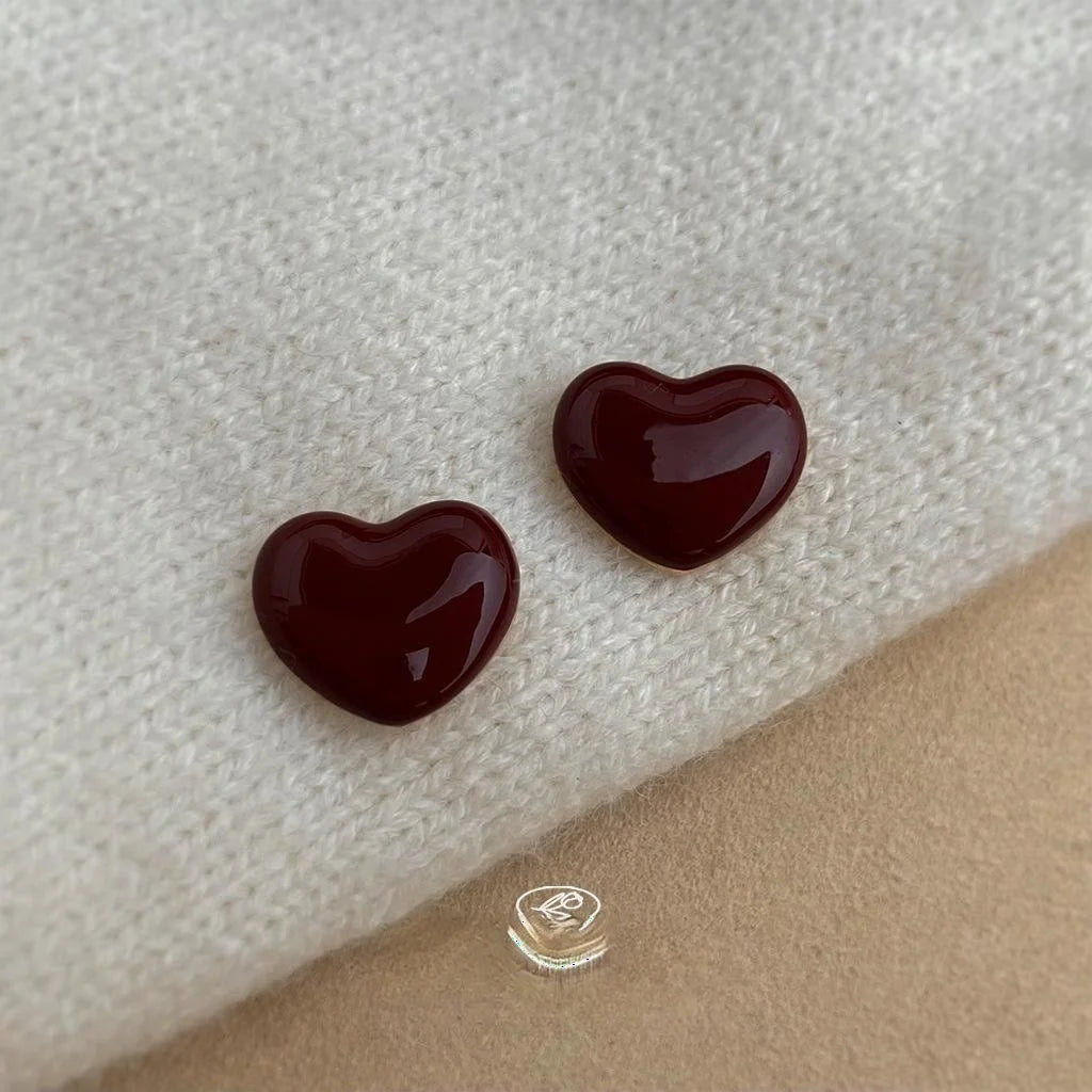 Burgundy Enamel Drip Glaze Heart Stud Earrings, Vintage Hong Kong Style