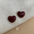 Burgundy Enamel Drip Glaze Heart Stud Earrings, Vintage Hong Kong Style