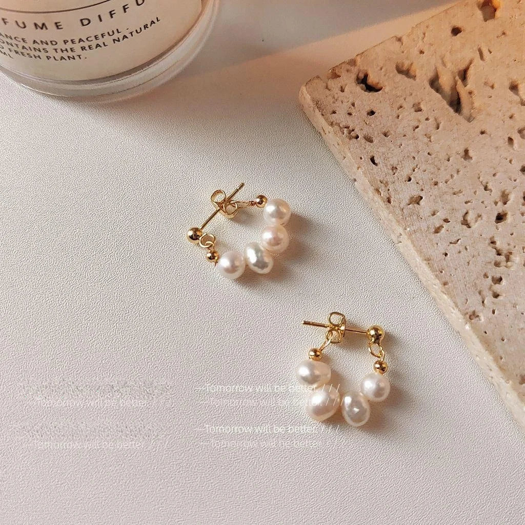 Handmade Baroque Freshwater Pearl Stud Earrings 14K Gold Plated Geometric Jewelry