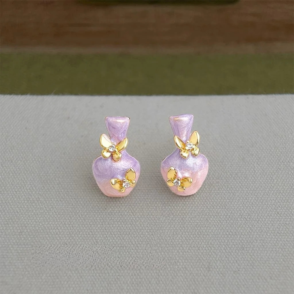 Hand Painted Drip Enamel Floral Vase Butterfly Copper Stud Earrings With Zircon