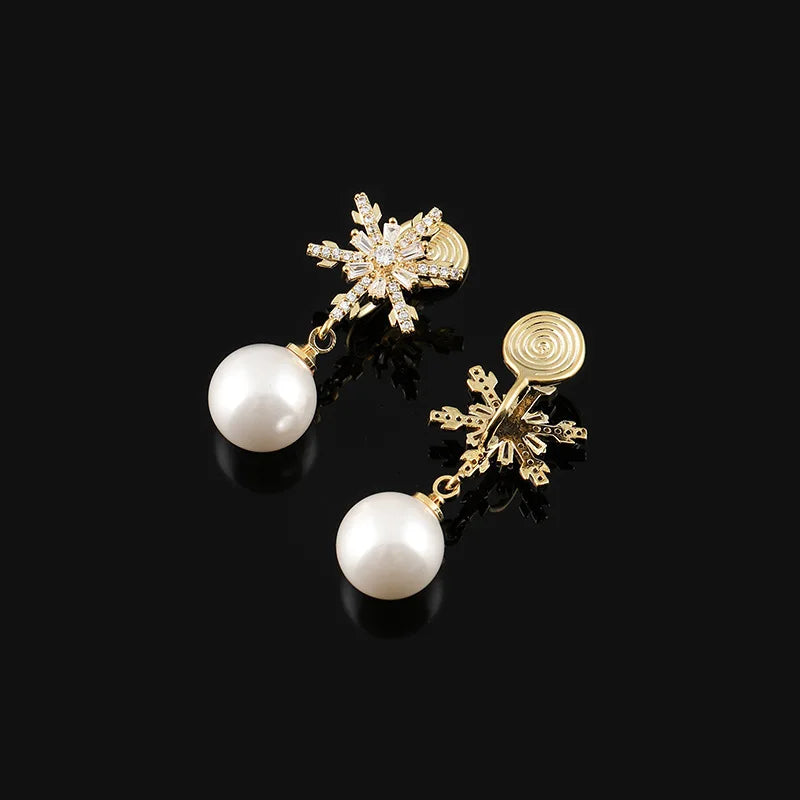 Luxury Snowflake Zircon Starburst Pearl Drop Gold Alloy Stud & Clip On No Piercing Earrings