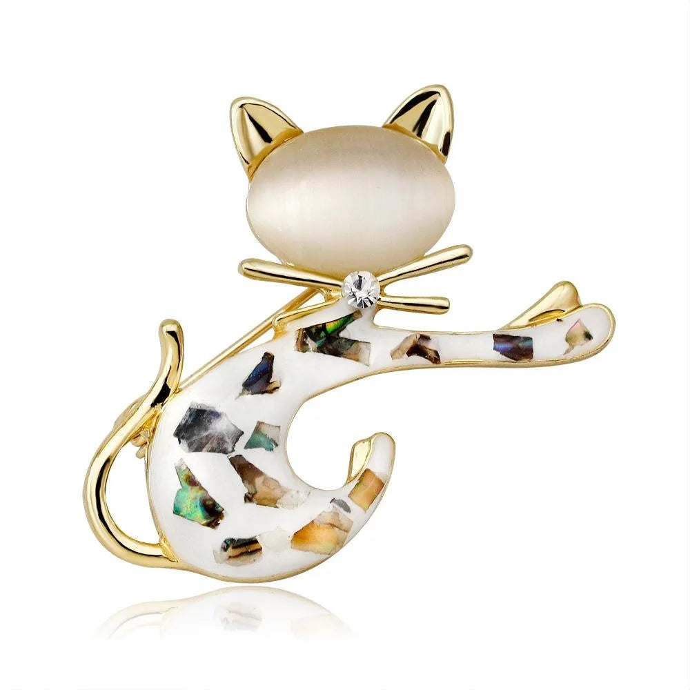 Cute Japanese Style Cat Eye Stone Cat Brooch With Gold Alloy Rhinestone Accents, Elegant Lapel Pin Gift
