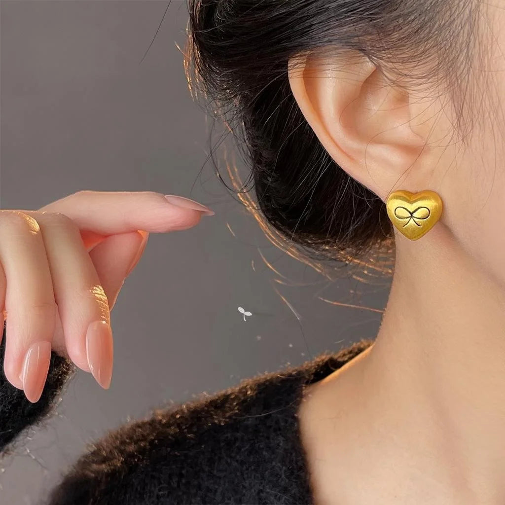 French Vintage Matte Brushed Copper Heart Bow Stud Earrings