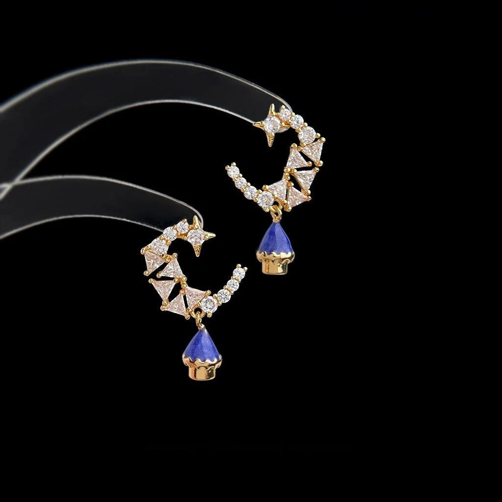 Niche Designer 14K Plated Copper Zircon Moon Castle Star Geometric Drop Earrings