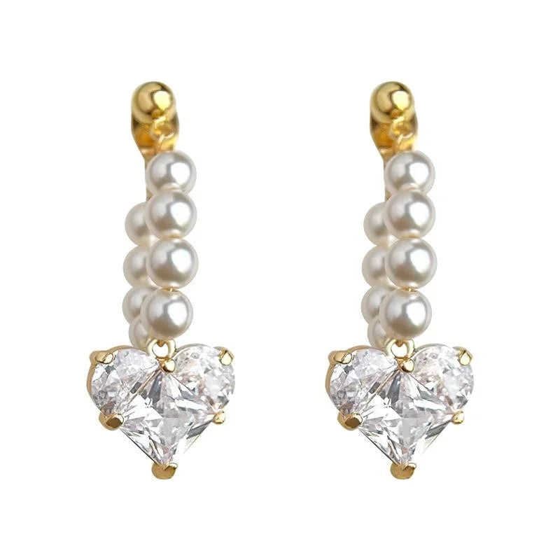 French Vintage 14K Plated Glass Pearl Zircon Heart Geometric Drop Earrings for Women