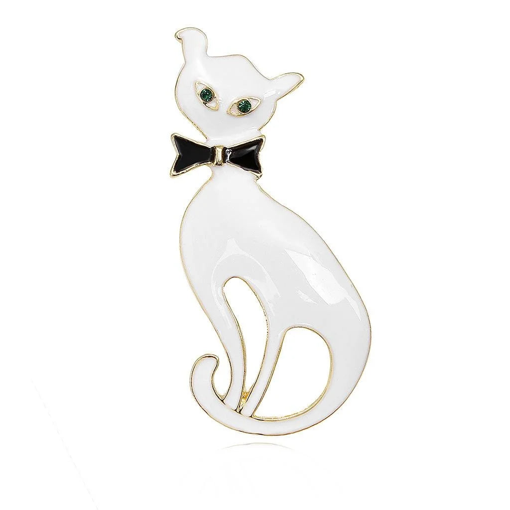 Cute White Enamel Cat With Black Bow Alloy Brooch, Green-Eyed Animal Lapel Pin Corsage Gift
