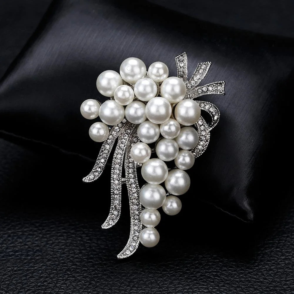 Elegant White Pearl Flower Bouquet Brooch With Rhinestone Alloy Branches, Luxury Lapel Pin Gift