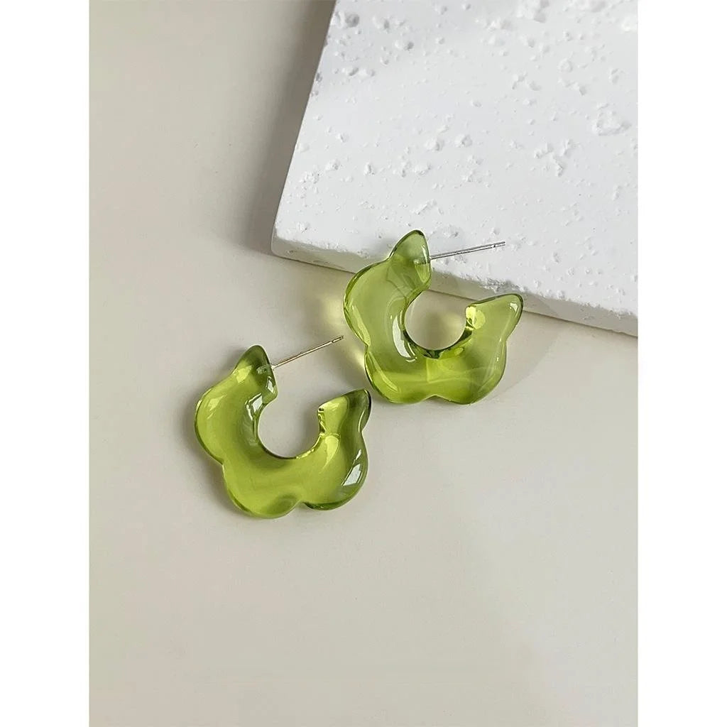 Mint Green Resin Flower C Shaped Wavy Hoop Earrings Forest Style Sweet Silver Plated Studs