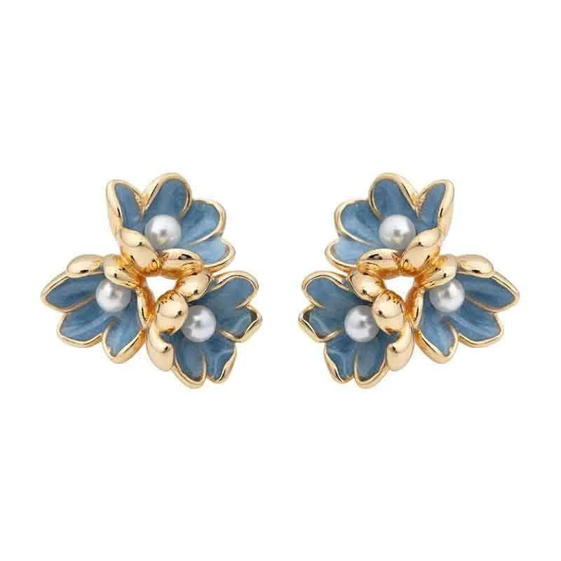 Blue Iris Flower Enamel Drip Glaze Copper Stud Earrings With Pearl