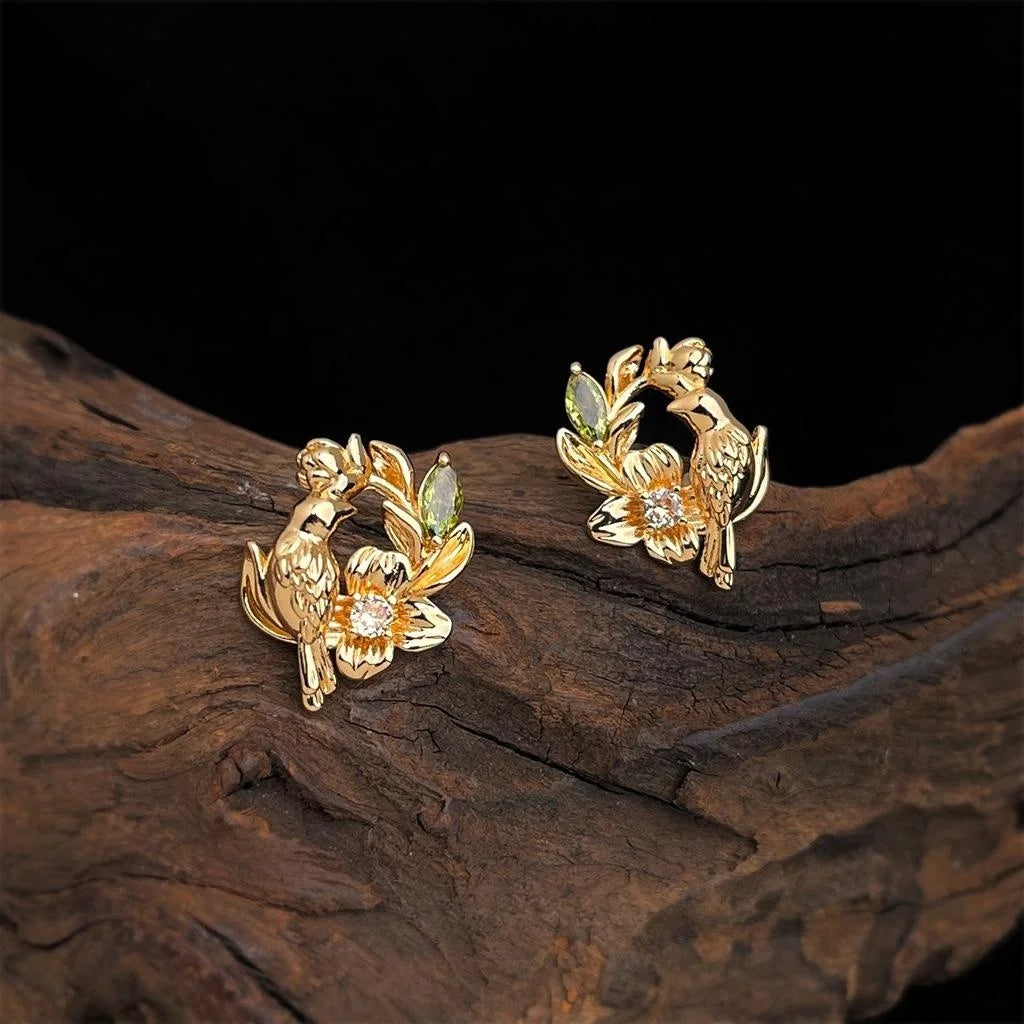 Light Luxury Copper Zircon Flower Wreath Bird Stud Earrings