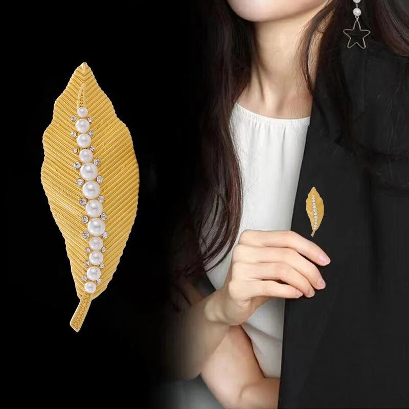 Elegant Gold Leaf Brooch With Pearl And Rhinestone Accents, Luxury Alloy Lapel Pin Suit Accessory Gift