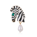 Vintage Zebra Horse Head Enamel Brooch With Green Rhinestone Eye And Pearl Drop, Elegant Lapel Pin Gift