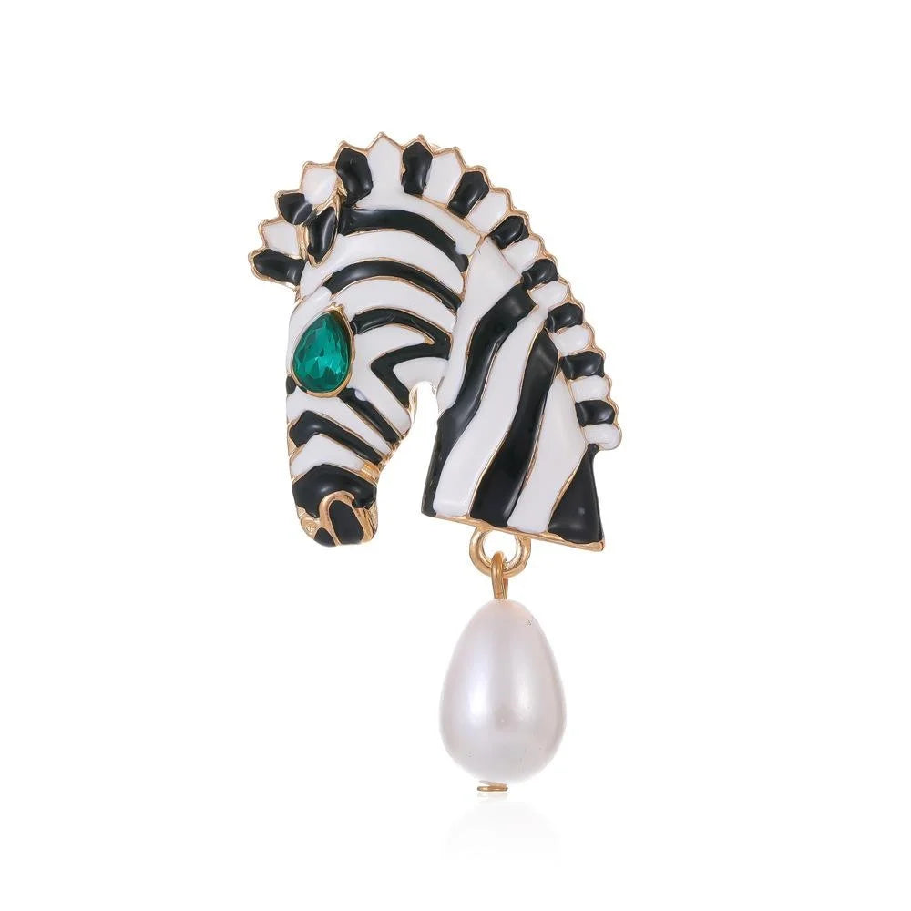 Vintage Zebra Horse Head Enamel Brooch With Green Rhinestone Eye And Pearl Drop, Elegant Lapel Pin Gift