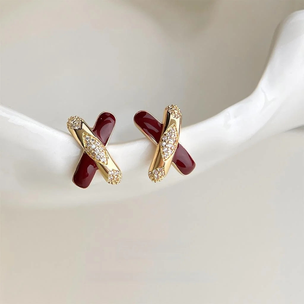 Rococo Burgundy Enamel Drip Glaze Zircon Copper Geometric Cross Stud Earrings