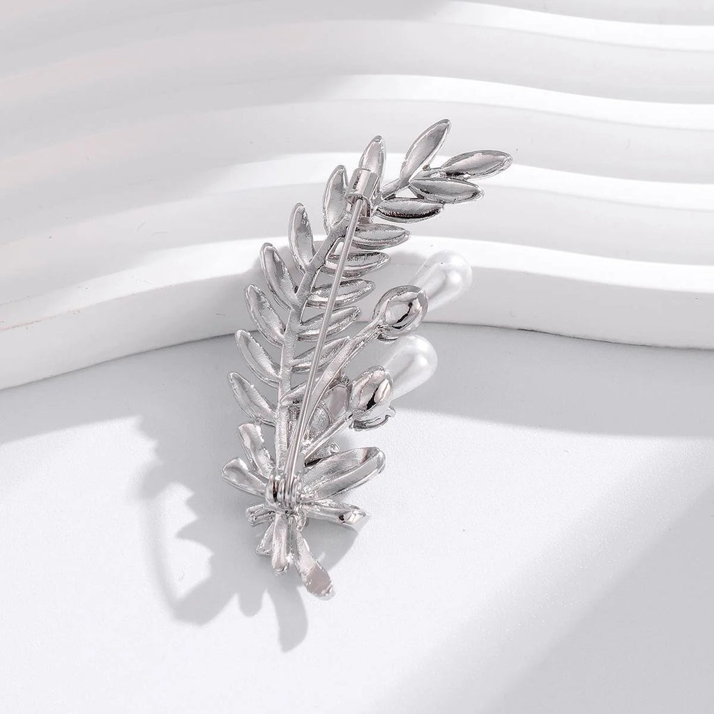 Elegant Wheat Leaf Brooch With Faux Pearl And Rhinestone Accents, Silver Alloy Lapel Pin Corsage Gift