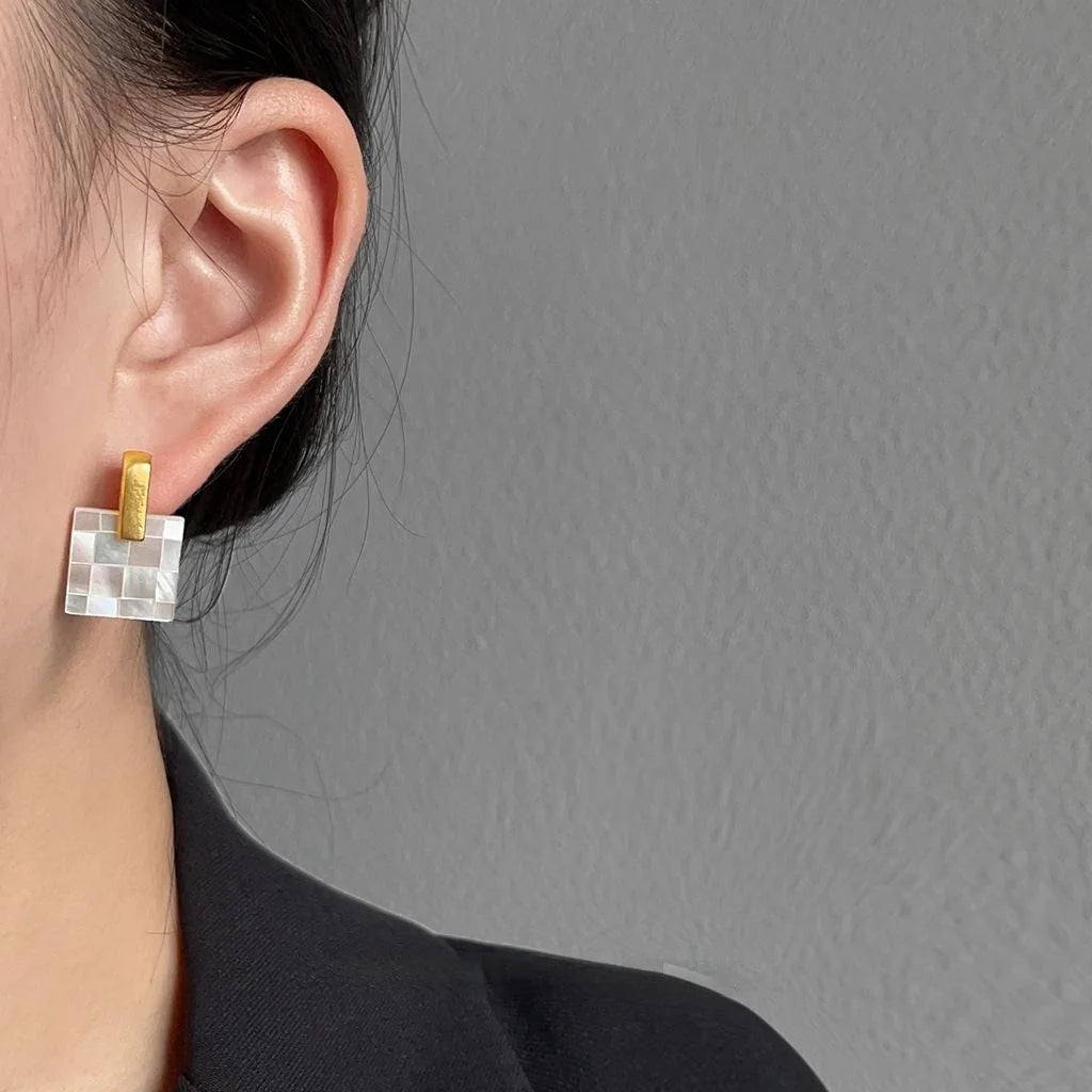 Light Luxury Shell Geometric Square 14K Gold Plated Stud Earrings