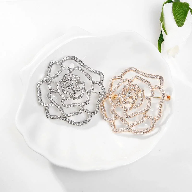 Elegant Rose Flower Brooch With Rhinestone Alloy Outline, Luxury Camellia Lapel Pin Corsage Suit Accessory