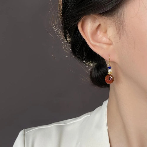 Freshwater Pearl Red Agate Geometric Hoop Drop Earrings Vintage Palace Style Handmade Jewelry