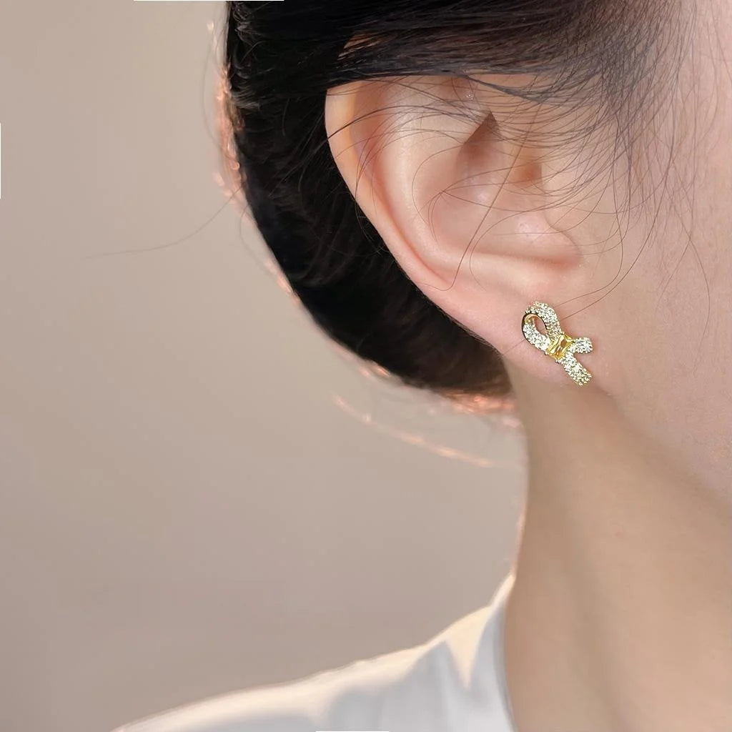 14K Plated Micro Pave Zircon Bow Stud Earrings, Elegant Minimalist Fashion Jewelry