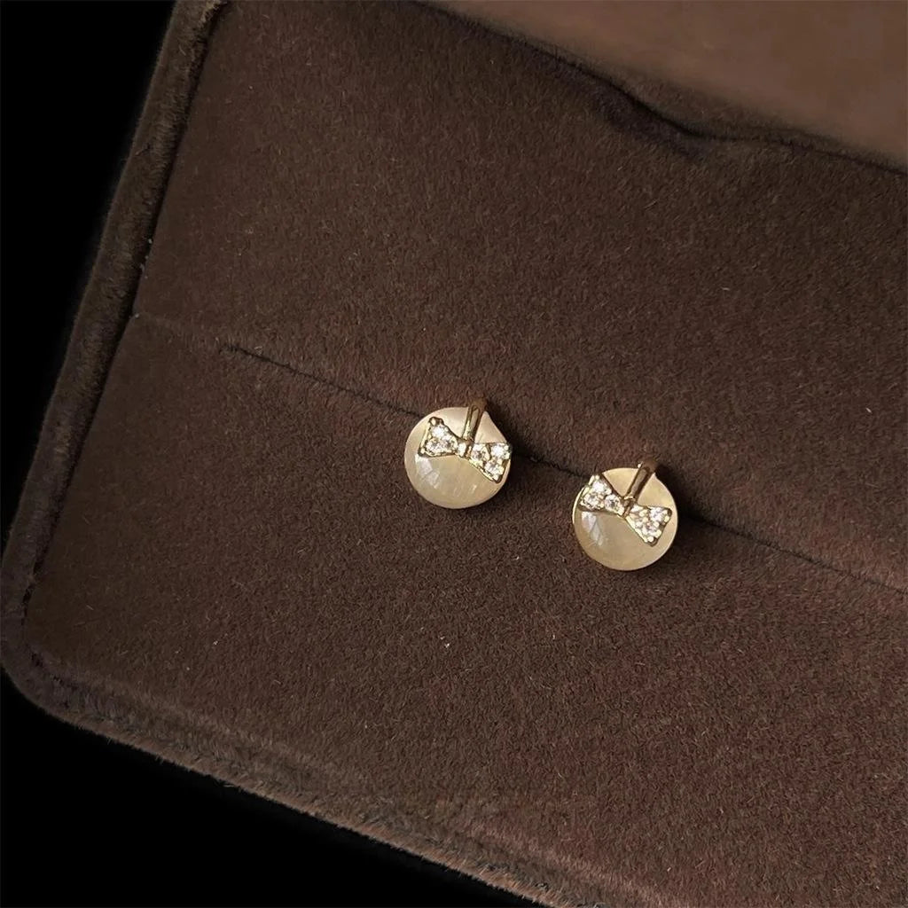 French Style Copper Glass Cat Eye Bow Stud Earrings Mini Round Geometric Fashion Jewelry
