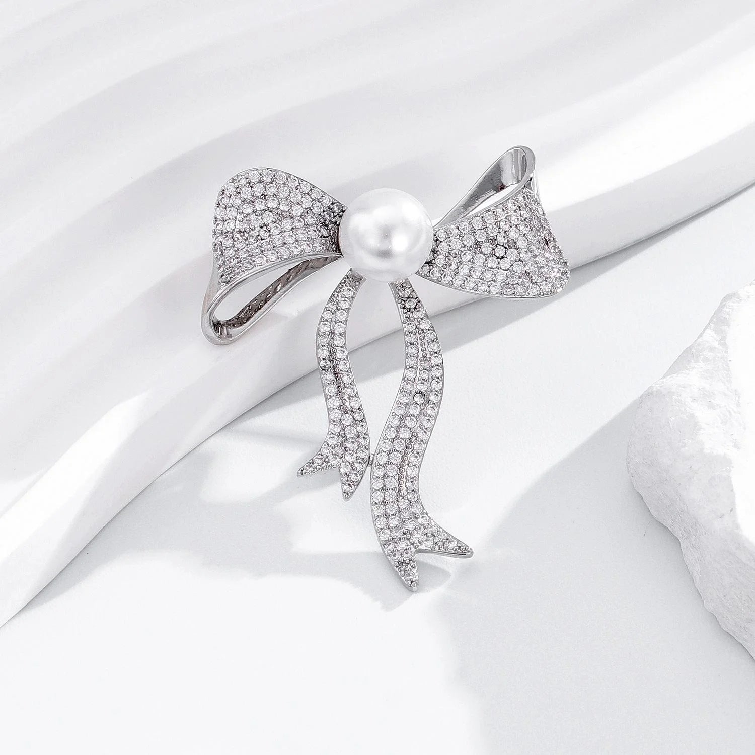 Elegant Pearl Bow Brooch With Micro Pave Rhinestones, Copper Gold Plated Lapel Pin Corsage Gift
