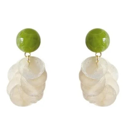 Forest Style Green Natural Shell Geometric Tassel Stud Earrings With Silver Plated Pins