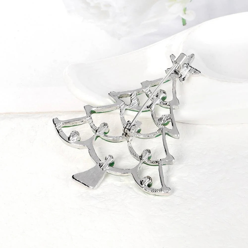 Cute Green Enamel Christmas Tree Brooch With Rhinestone Star, Holiday Lapel Pin Corsage Gift