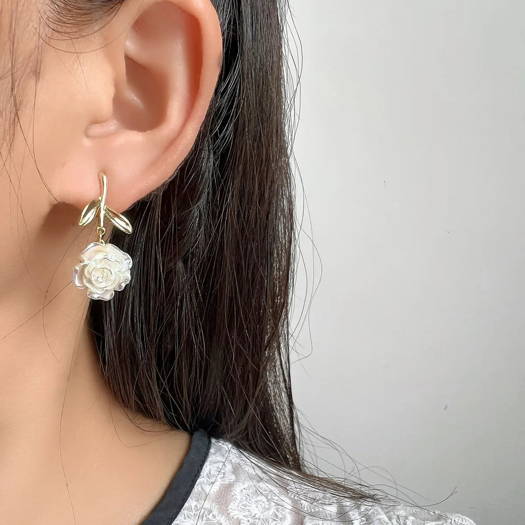 Elegant Asymmetric Mother Of Pearl Rose Flower Gold Alloy Leaf Stud & Clip On No Piercing Earrings