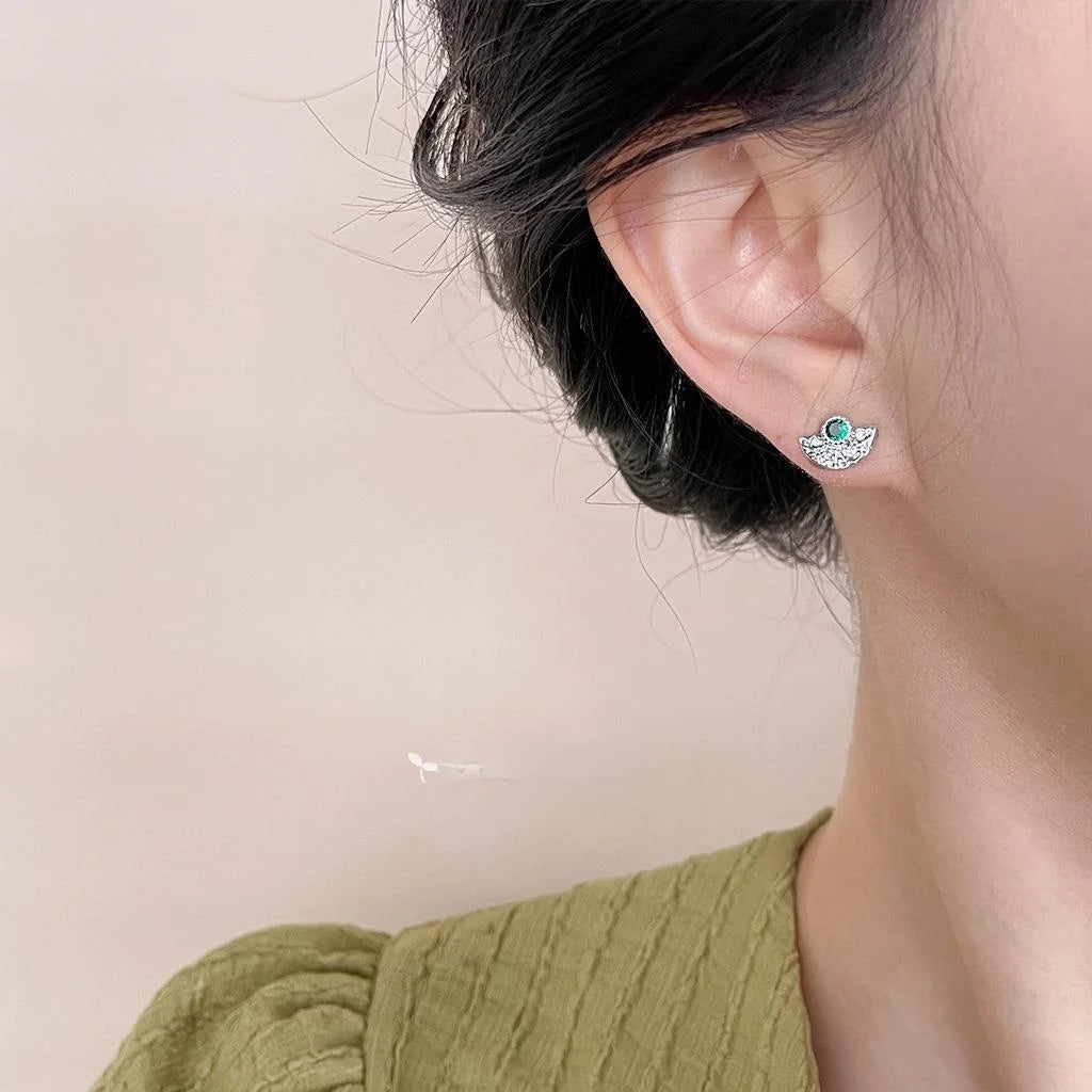 Premium Copper Fan Pleated Geometric Zircon Micro Pave Stud Earrings New Chinese Style