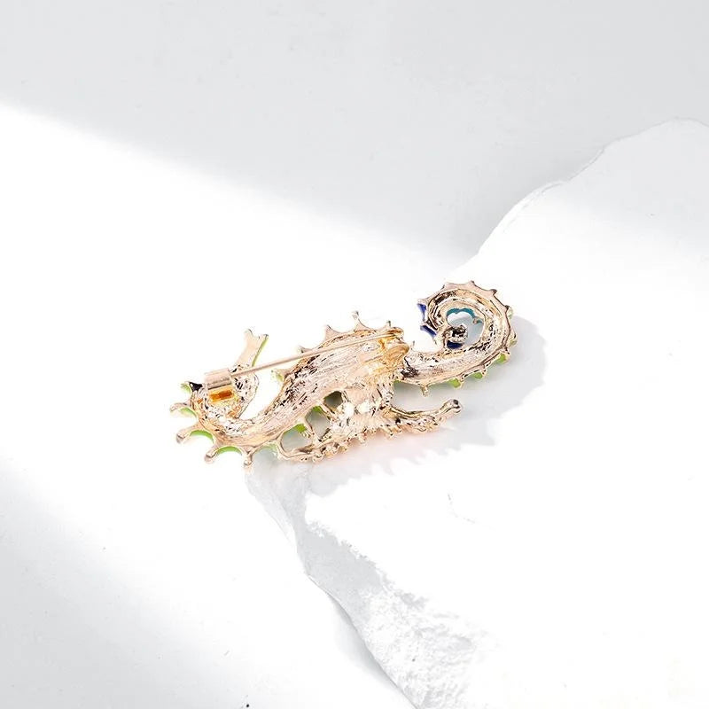Elegant Enamel Seahorse Brooch With Blue Rhinestones, Gold Tone Alloy Lapel Pin Corsage Gift